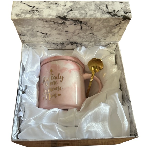 Marble Pink Mom Mug Gift Set with Gold Spoon Coffee Cup & Topper Brand New - Picture 2 of 5
